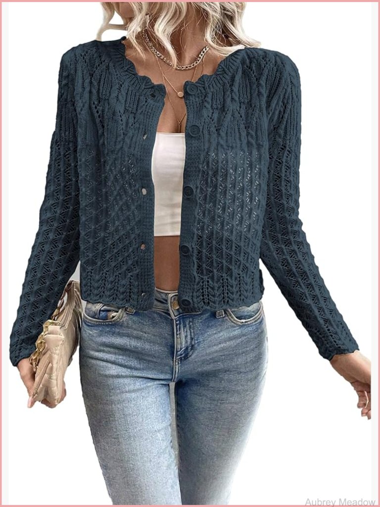 Crewneck Cropped Cardigan Sweater Long Sleeve Button Down Knit Top